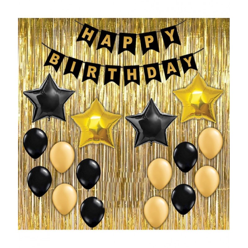 Happy Birthday Banner (Black) + 30 Metallic Balloon (Black,Gold) + 2 Star (Gold) + 2 Star (Black)