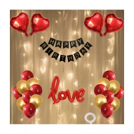 Happy Birthday Banner (Black) + 30 Metallic Balloon (Red,Gold) + Cursive Love Foil(Red) + 4 Dil(Red) + 1 Ribbon for happy birthday decoration item, birthday decoration kit, birthday balloon decoration combo for Boys, Girls, Kids, husband and Wife.