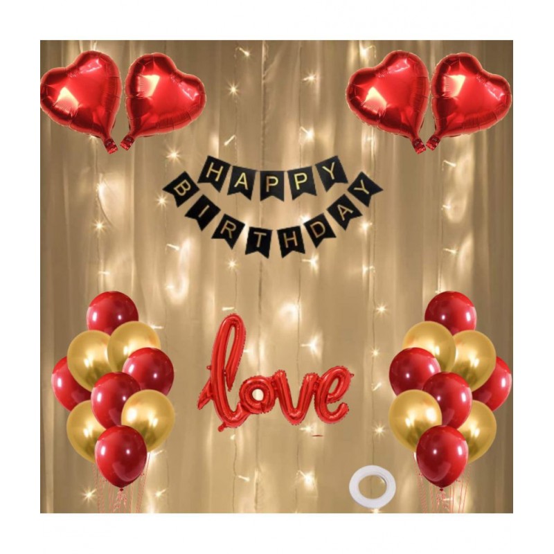 Happy Birthday Banner (Black) + 30 Metallic Balloon (Red,Gold) + Cursive Love Foil(Red) + 4 Dil(Red) + 1 Ribbon for happy birthday decoration item, birthday decoration kit, birthday balloon decoration combo for Boys, Girls, Kids, husband and Wife.