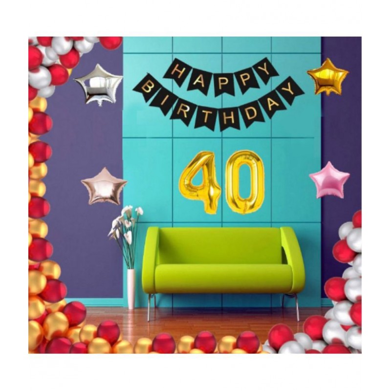 Happy Birthday Banner (Black) + 30 Metallic Balloon (Red,Gold,Silver) + 40 Number Foil + 4 Star(10")(Multi)