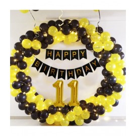 Happy Birthday Banner (Black) + 30 Metallic Balloon (Yellow,Black) + 11FoilNumber