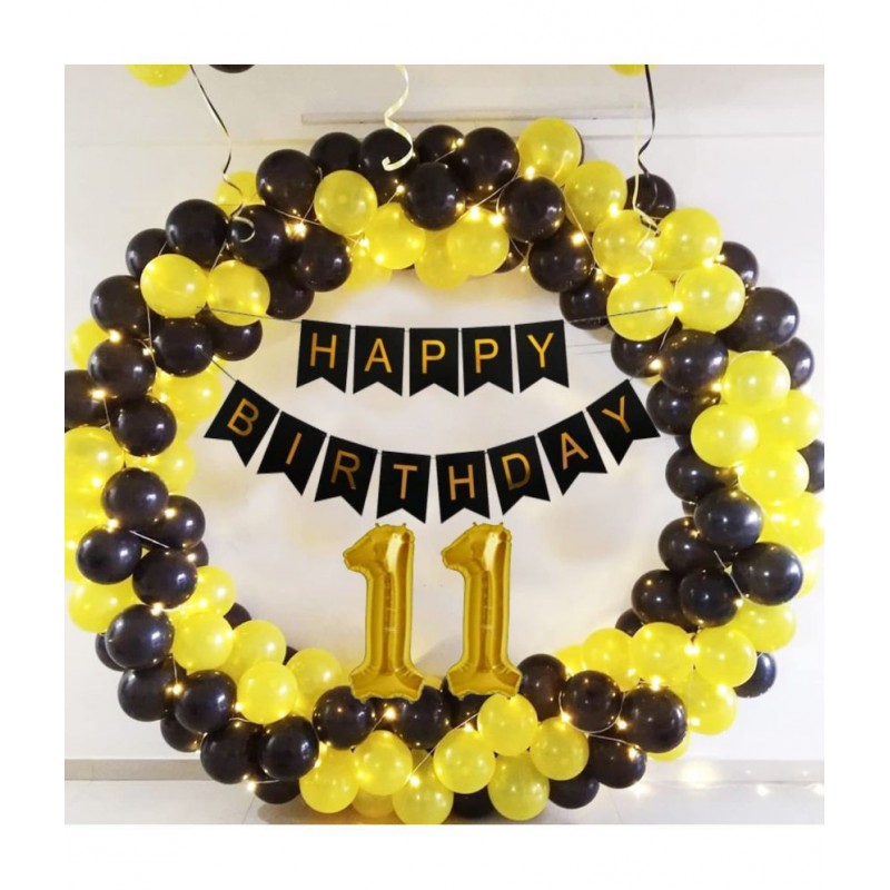 Happy Birthday Banner (Black) + 30 Metallic Balloon (Yellow,Black) + 11FoilNumber
