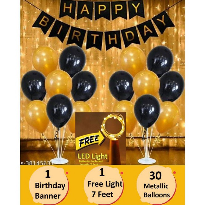 Happy Birthday Banner (Black) + 30 Metallic Balloon(Black,Gold) + 1 Free Light (7Feet)