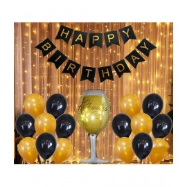 Happy Birthday Banner (Black) + 30 Metallic Balloon(Black,Gold) + 1 GlassFoil