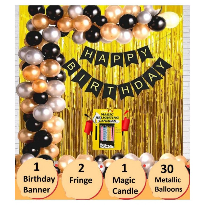 Happy Birthday Banner (Black) + 30 Metallic Balloon(Black,Gold,Silver) + 2 Fringe (Golden) + 1 Magic Candie