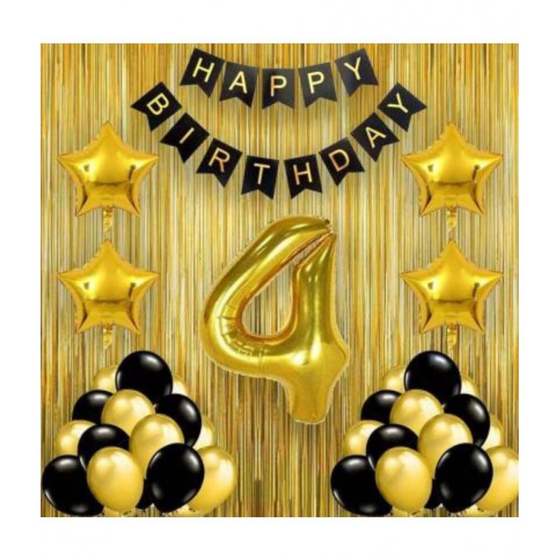 Happy Birthday Banner (Black) + 30 Metallic Balloon(Black,Golden) + 4 Number Foil + 4 Star (Golden) + 2 Fringe (Golden)