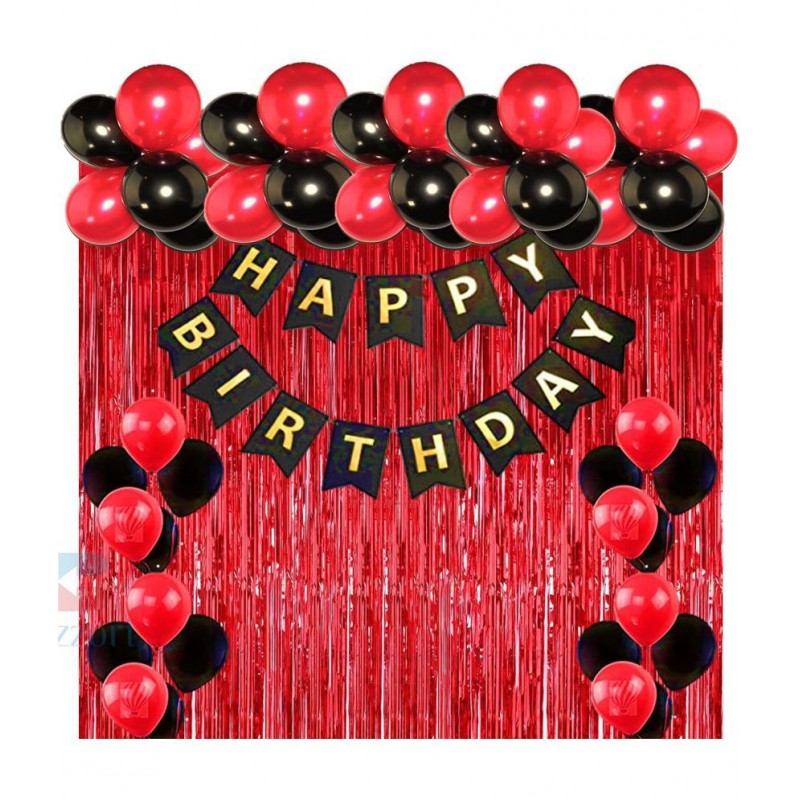 Happy Birthday Banner (Black) + 30 Metallic Balloon(Red,Black) + 2 Fringe (Red)