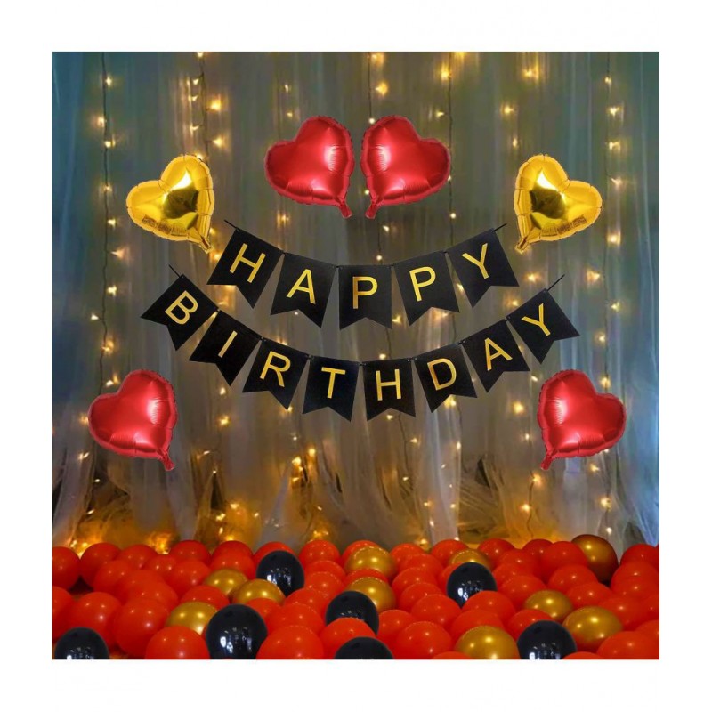 Happy Birthday Banner (Black) + 30 Metallic Balloon(Red,Gold,Black) + 4 Dil Foil(Red) + 2Dil(Golden)