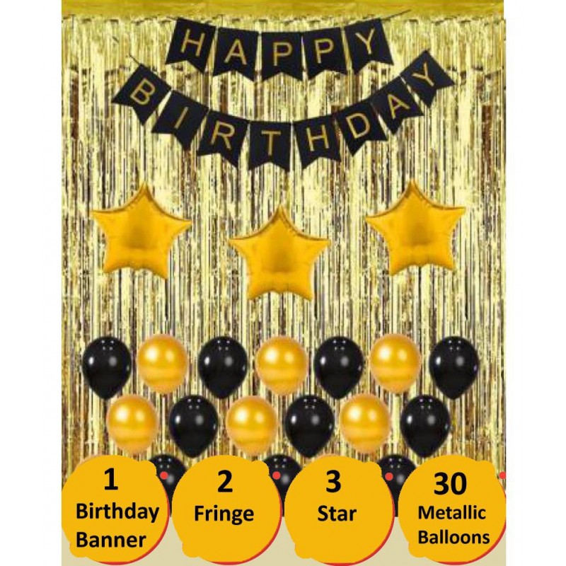 Happy Birthday Banner (Black)+ 2 Fringe (Golden) + 3 Star (Golden) + 30 Metallic Balloons (Gold, Black)