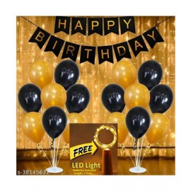 Happy Birthday Banner (Black)+ 30 HD Metallic Balloons (Gold, Black) + FREE 1 pc. LED Light With Battery (7 Feet)