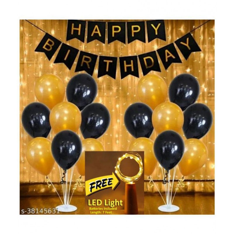 Happy Birthday Banner (Black)+ 30 HD Metallic Balloons (Gold, Black) + FREE 1 pc. LED Light With Battery (7 Feet)