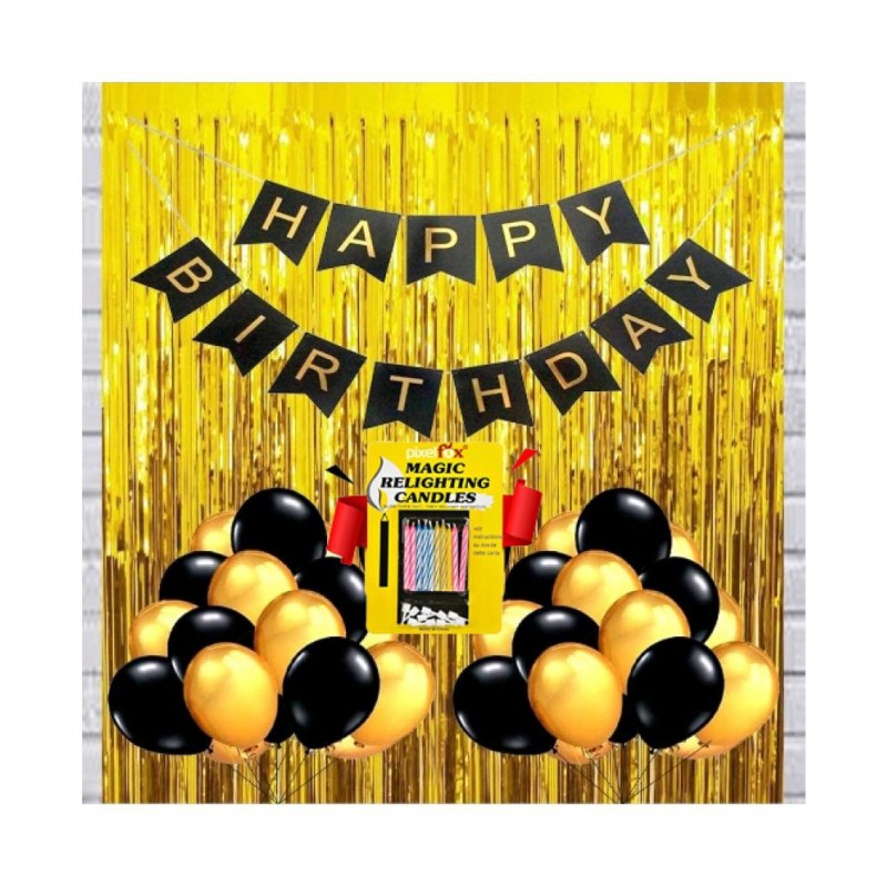Happy Birthday Banner (Black)+ 30 Metallic Balloons (Gold, Black) + 2 Golden Fringe + 10 pc. Magic Candles for happy birthday decoration item, birthday decoration kit, birthday balloon decoration combo for Boys, Girls, Kids, husband and Wife.
