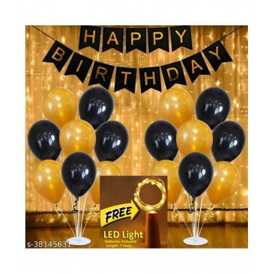 Happy Birthday Banner (Black)+ 30 Metallic Balloons (Gold, Black) + FREE 1 pc. LED Light With Battery (7 Feet)