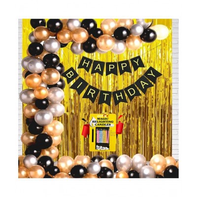 Happy Birthday Banner (Black)+ 30 Metallic Balloons (Gold, Black, Silver) + 2 Golden Fringe +10 Magic Candle for happy birthday decoration item, birthday decoration kit, birthday balloon decoration combo for Boys, Girls, Kids, husband and Wife.