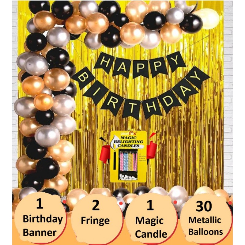 Happy Birthday Banner (Black)+ 30 Metallic Balloons (Gold, Black, Silver) + 2 Golden Fringe +10 Magic Candle for happy birthday decoration item, birthday decoration kit, birthday balloon decoration combo for Boys, Girls, Kids, husband and Wife.