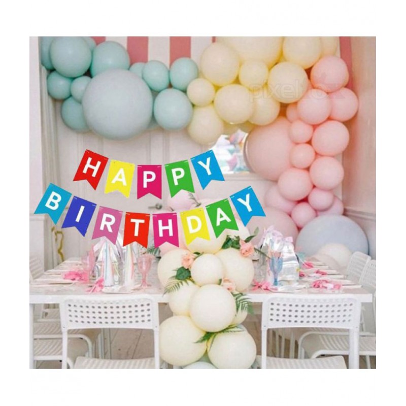 Happy Birthday Banner (Multi) + 30 Pastel Balloon(Multicolour)