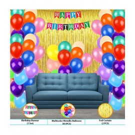 Happy Birthday Banner (Multicolor) + 30 Metallic Balloon (Multicolor) + 2 Fringe(Golden)