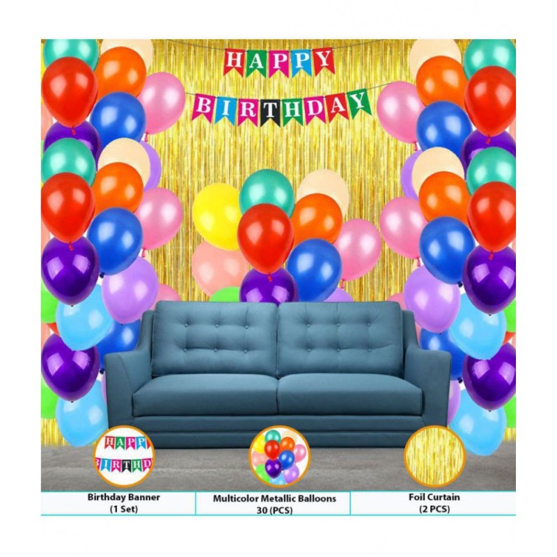 Happy Birthday Banner (Multicolor) + 30 Metallic Balloon (Multicolor) + 2 Fringe(Golden)
