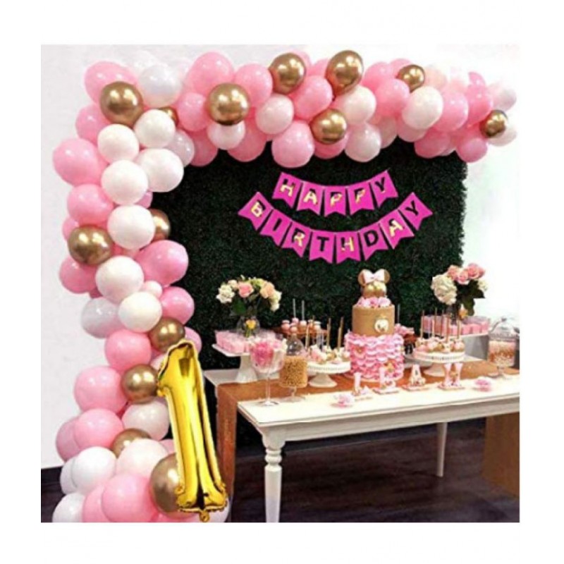 Happy Birthday Banner (Pink) + 30 Metallic Balloon (Pink,White,Gold) + 1 Number Foil for happy birthday decoration item, birthday decoration kit, birthday balloon decoration combo for Boys, Girls, Kids, husband and Wife