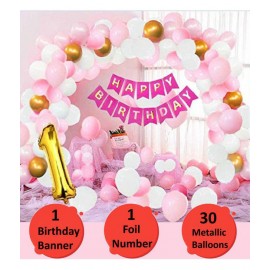 Happy Birthday Banner (Pink) + 30 Metallic Balloon(Pink,White,Gold) + 1 Number Foil(Gold) for happy birthday decoration item, birthday decoration kit, birthday balloon decoration combo for Boys, Girls, Kids, husband and Wife.