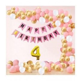 Happy Birthday Banner (Pink) + 30 Metallic Balloons (Pink,White,Gold)+ 4 NumberFoil(Golden)