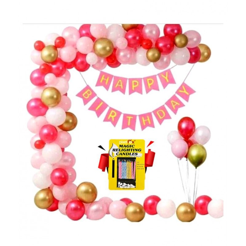Happy Birthday Banner (Pink)+ 30 Metallic Balloons (Pink, Red, Gold) + 10 pc. Magic Candles for happy birthday decoration item, birthday decoration kit, birthday balloon decoration combo for Boys, Girls, Kids, husband and Wife.