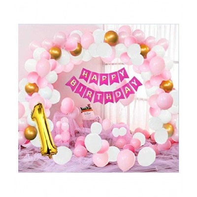 Happy Birthday Banner (Pink)+ 30 Metallic Balloons (Pink, White, Gold) + Number 1 Foil Balloons (Gold) for happy birthday decoration item, birthday decoration kit, birthday balloon decoration combo for Boys, Girls, Kids, husband and Wife.