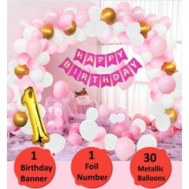 Happy Birthday Banner (Pink)+ 30 Metallic Balloons (Pink, White, Gold) + Number 1 Foil Balloons (Gold) for happy birthday decoration item, birthday decoration kit, birthday balloon decoration combo for Boys, Girls, Kids, husband and Wife.