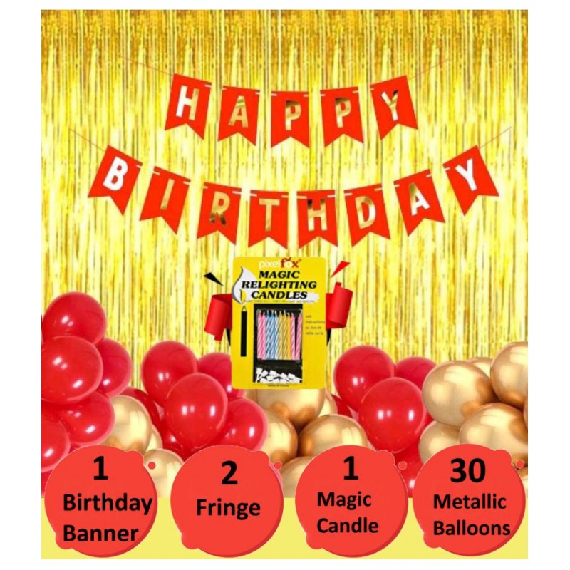 Happy Birthday Banner (Red)+ 2 Fringe (Golden) + 30 Metallic Balloons (Red, Gold) + 10 pc Magic Candlefor happy birthday decoration item, birthday decoration kit, birthday balloon decoration combo for Boys, Girls, Kids, husband and Wife.