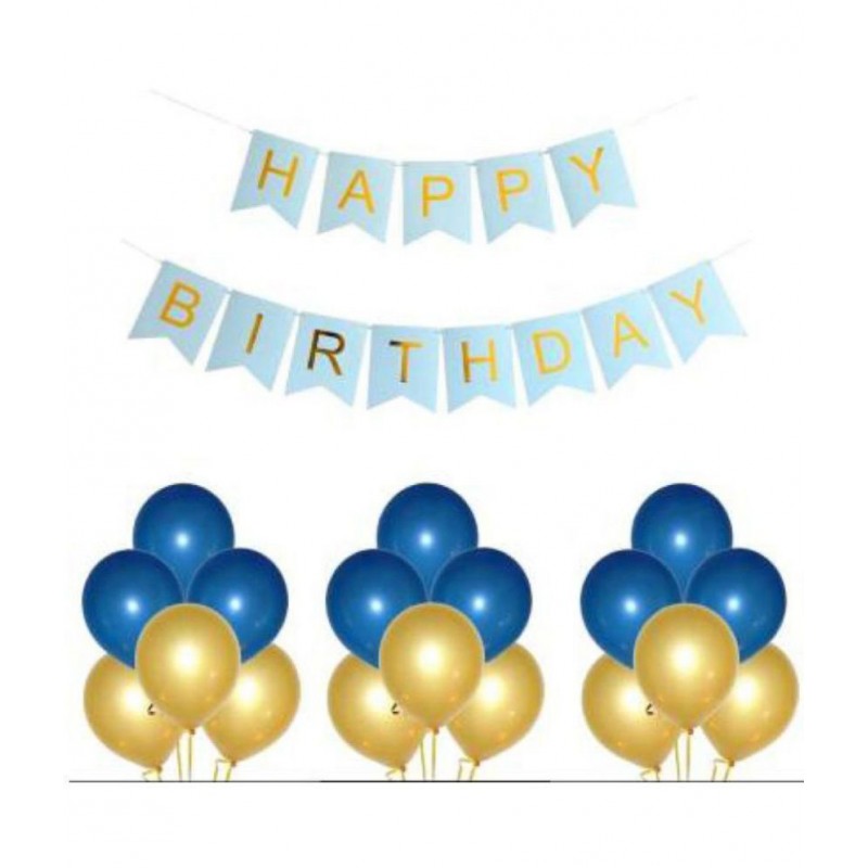 Happy Birthday Banner (SkyBlue) + 30 Metallic Balloon (Blue, Golden)