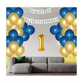 Happy Birthday Banner (SkyBlue) + 30 Metallic Balloon (Blue,Gold) + 1 Number Foil+ 2 Fringe (Gold)