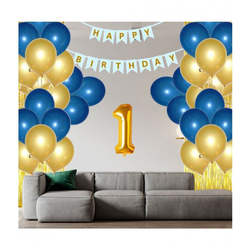 Happy Birthday Banner (SkyBlue) + 30 Metallic Balloon (Blue,Gold) + 1 Number Foil+ 2 Fringe (Gold)