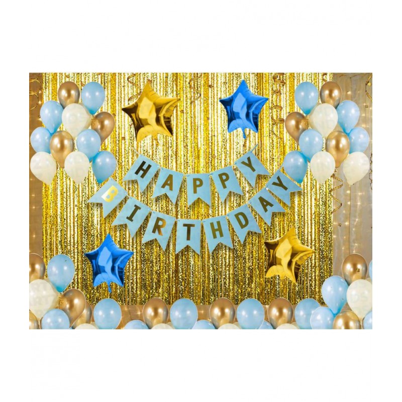 Happy Birthday Banner SkyBlue + 30 Metallic Balloon(Blue,Gold,White) + 2 Fringe(Gold) + 2 Star (Golden)+ 2 Star(Blue)