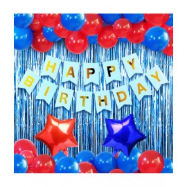 Happy Birthday Banner (SkyBlue) + 30 Metallic Balloon(Blue,Red) + 2 Fringe(Blue) + 1 Star(Red) + 1 Star(Blue)