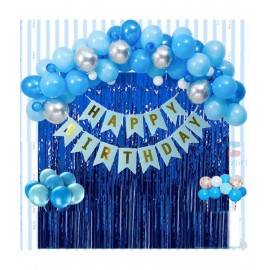 Happy Birthday Banner (SkyBlue) + 30 Metallic Balloon(Blue,Silver) + 2 Fringe(Blue)