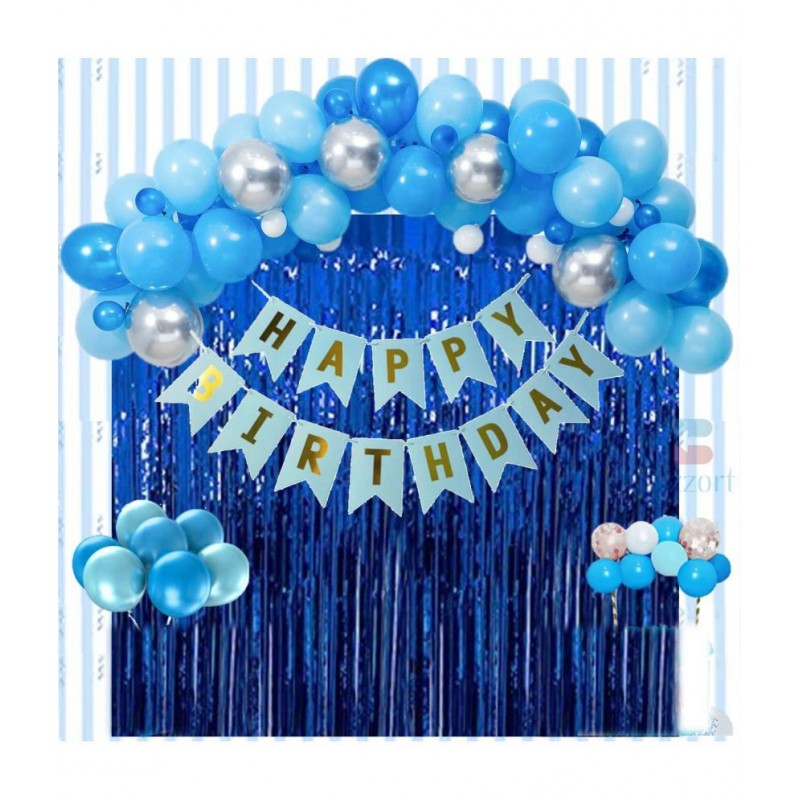 Happy Birthday Banner (SkyBlue) + 30 Metallic Balloon(Blue,Silver) + 2 Fringe(Blue)
