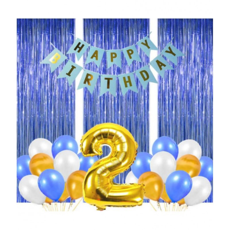 Happy Birthday Banner (SkyBlue) + 30 Metallic Balloon(Blue,White,Gold) + 2 Number Foil + 3 Blue Fringe