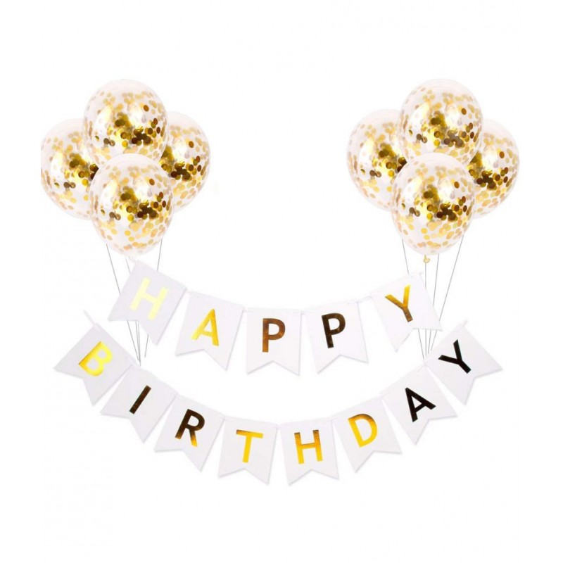 Happy Birthday Banner (White) + 10 Confetti Balloon(Golden)