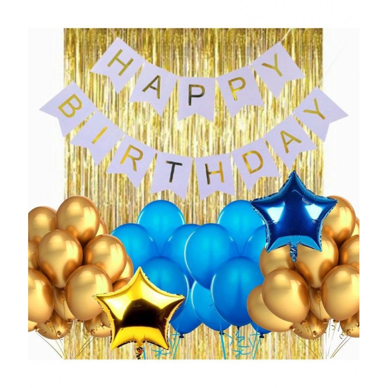 Happy Birthday Banner (White) + 30 Metallic Balloon(Blue,Gold) + 1 Star (Blue) + 1 Star (Golden) + 2 Fringe(Golden)