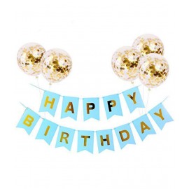 Happy Birthday Banner(SkyBlue) + 5 Confetti Balloons(Golden)