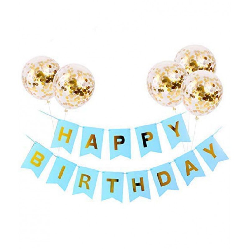 Happy Birthday Banner(SkyBlue) + 5 Confetti Balloons(Golden)