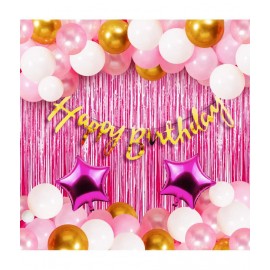 Happy Birthday Cursive (Golden) + 30 Metallic Balloon (Pink, White, Gold) + 2 Star (Pink) + 2 Fringe (Pink)