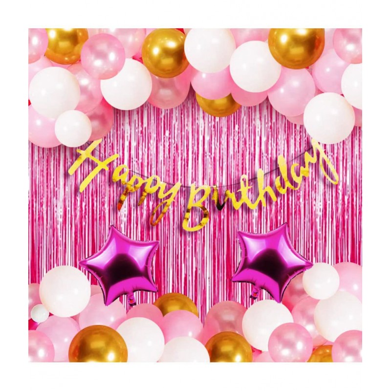 Happy Birthday Cursive (Golden) + 30 Metallic Balloon (Pink, White, Gold) + 2 Star (Pink) + 2 Fringe (Pink)