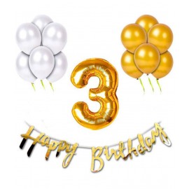 Happy Birthday Cursive (Golden) + 30 Metallic Balloon (Silver, Gold) + 3 Number Foil + 1 Ribbon