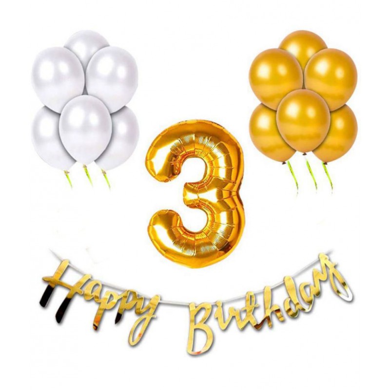 Happy Birthday Cursive (Golden) + 30 Metallic Balloon (Silver, Gold) + 3 Number Foil + 1 Ribbon