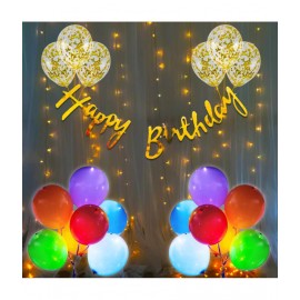 Happy Birthday Cursive (Golden) + 6 pcs Confetti Balloon (Golden) + 10 LED Ballloon (MultiColour)