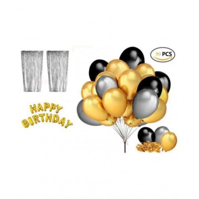 Happy Birthday Decoration Inflatable Golden Metallic Balloons 13 pcs (16inch, Inflatable with Air and Helium) + 2 pcs long Silver Curtain(3X6 Feet) + 30 Pcs. Metallic Balloon (Black, Golden And silver) (12 inch)