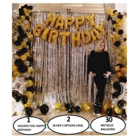 Happy Birthday Decoration Inflatable Golden Metallic Balloons 13 pcs (16inch, Inflatable with Air and Helium) + 2 pcs long Silver Curtain(3X6 Feet) + 30 Pcs. Metallic Balloon (Black, Golden And silver) (12 inch)
