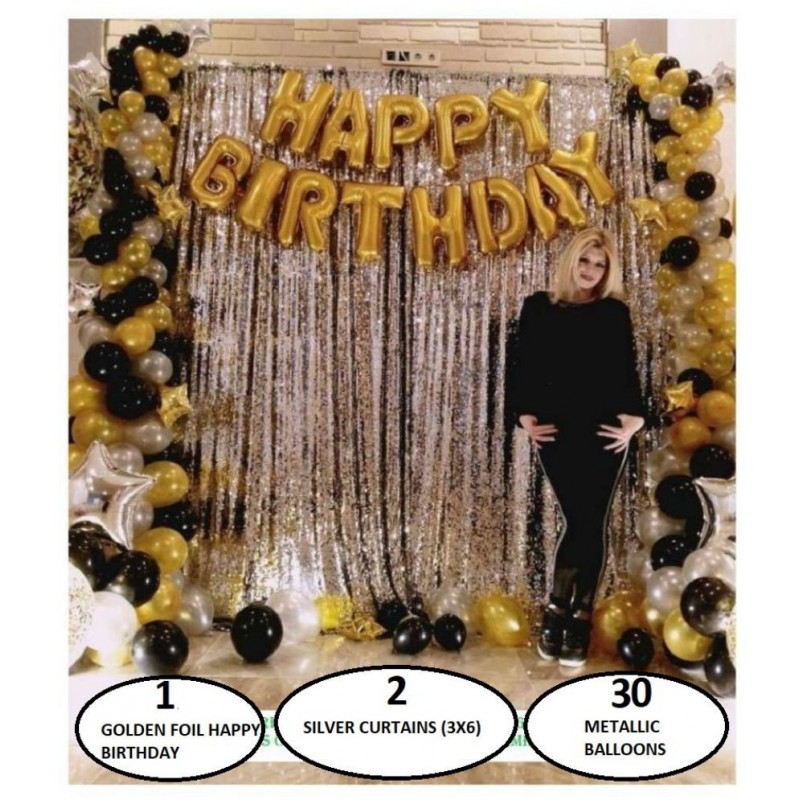 Happy Birthday Decoration Inflatable Golden Metallic Balloons 13 pcs (16inch, Inflatable with Air and Helium) + 2 pcs long Silver Curtain(3X6 Feet) + 30 Pcs. Metallic Balloon (Black, Golden And silver) (12 inch)