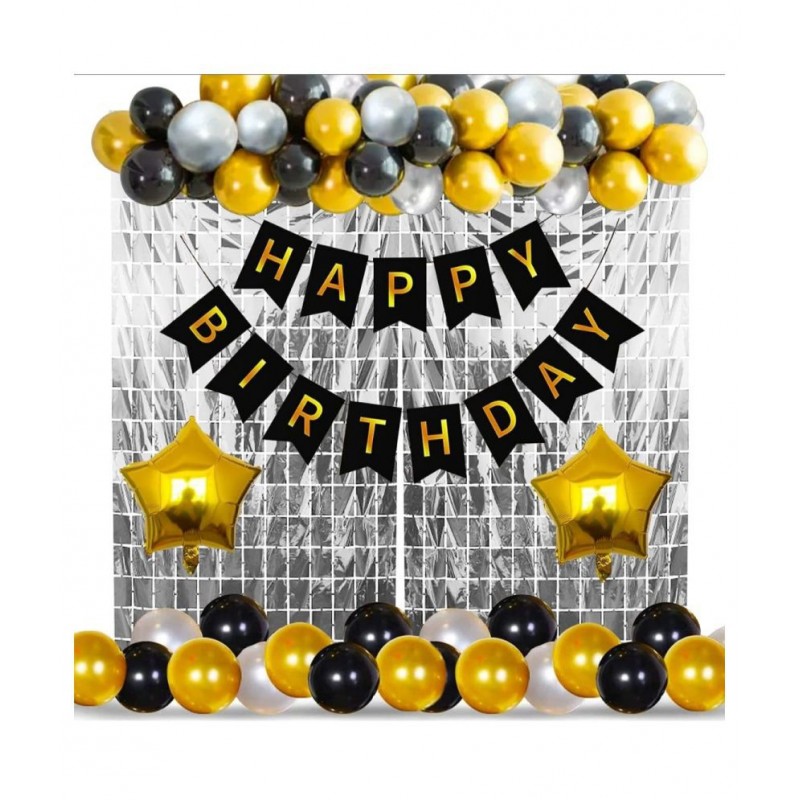 Happy Birthday Decorations Kit combo Package include  black happy birthday banner 13 LETTER, 15pcs golden metallic, 15pcs black metallic, 2pcs golden star foil.SET OF 45 PCS